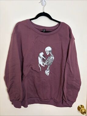 SHEIN Dusty Mauve Crewneck Sweatshirt with White Skeleton & Cat Graphic